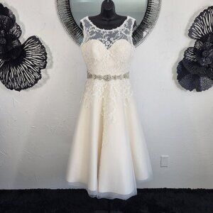 NWT~$1499~ELLA ROSA~SZ 10~IVORY EMBELLISHED LACE TEA LENGTH WEDDING DRESS GOWN